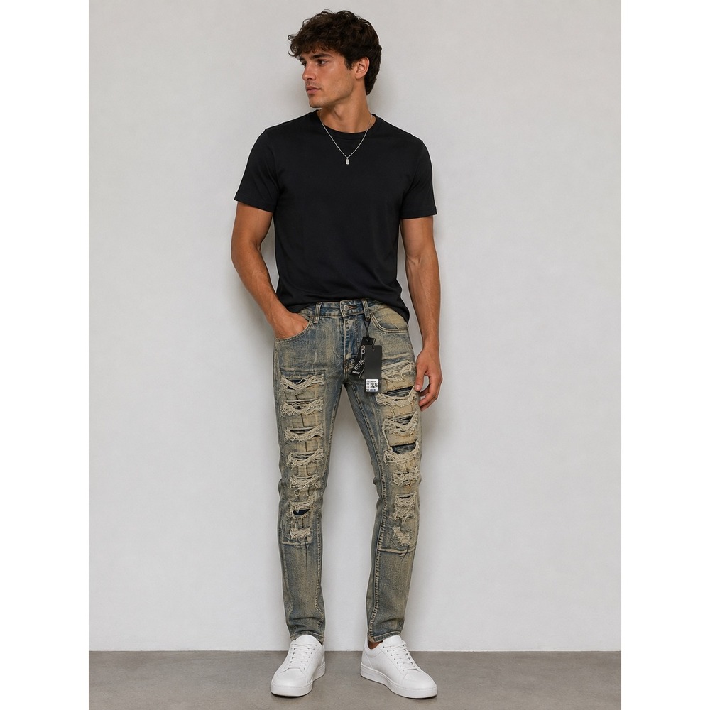 Street Jeans Mens Skinny Fit Vintage Wash Distressed Ripped Denim DDM5213D
